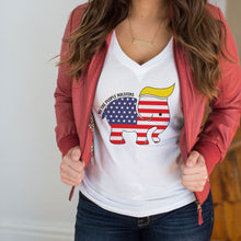 Load image into Gallery viewer, Trumpican Logo Women's V-Neck White and Black T-Shirt