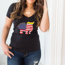 Load image into Gallery viewer, Trumpican Logo Women's V-Neck White and Black T-Shirt