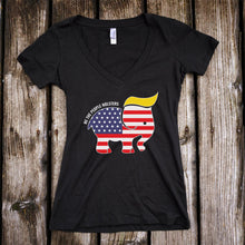 Load image into Gallery viewer, Trumpican Logo Women's V-Neck White and Black T-Shirt