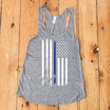 Load image into Gallery viewer, American Flag Thin Blue Line Police Support Women's Racerback Tank Top