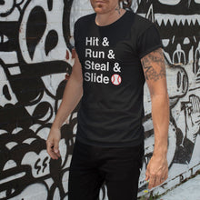 Load image into Gallery viewer, Hit & Run & Steal & Slide Baseball Short Sleeve Unisex Black T-Shirt