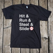 Load image into Gallery viewer, Hit & Run & Steal & Slide Baseball Short Sleeve Unisex Black T-Shirt