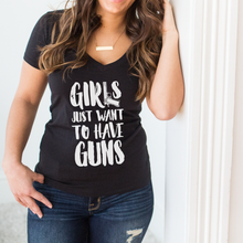 Load image into Gallery viewer, Girls Just Want to Have GUNS Deep V-Neck Black T-Shirt
