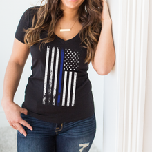 Load image into Gallery viewer, American Flag Thin Blue Line Police Support Deep V-Neck T-Shirt
