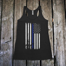 Load image into Gallery viewer, American Flag Thin Blue Line Police Support Women&#39;s Racerback Tank Top
