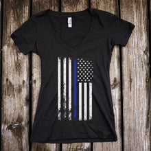 Load image into Gallery viewer, American Flag Thin Blue Line Police Support Deep V-Neck T-Shirt
