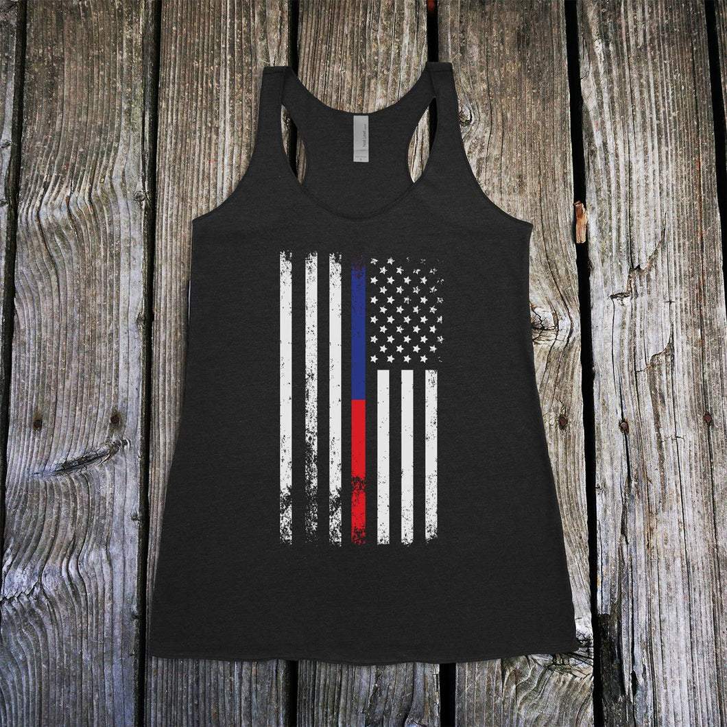 American Flag Thin Blue/Red Line Public Service Support Women's Racerback Tank Top