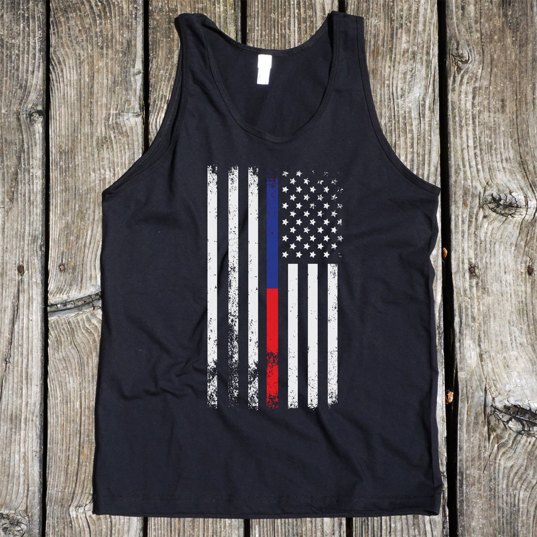 American Flag Thin Blue/Red Line Men's Black Tank Top