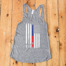Load image into Gallery viewer, American Flag Thin Blue/Red Line Public Service Support Women&#39;s Racerback Tank Top
