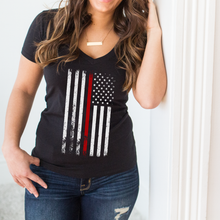 Load image into Gallery viewer, American Flag Thin Red Line Firefighter Support Deep V-Neck T-Shirt
