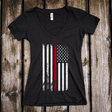 Load image into Gallery viewer, American Flag Thin Red Line Firefighter Support Deep V-Neck T-Shirt
