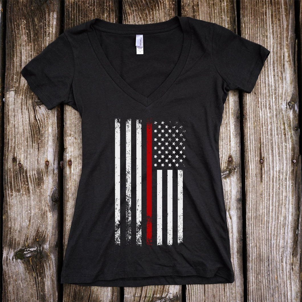 American Flag Thin Red Line Firefighter Support Deep V-Neck T-Shirt