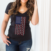 Load image into Gallery viewer, American Flag with Guns Red White and Blue Support Deep V-Neck T-Shirt
