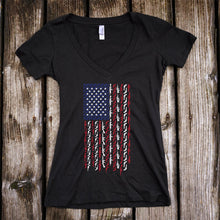 Load image into Gallery viewer, American Flag with Guns Red White and Blue Support Deep V-Neck T-Shirt
