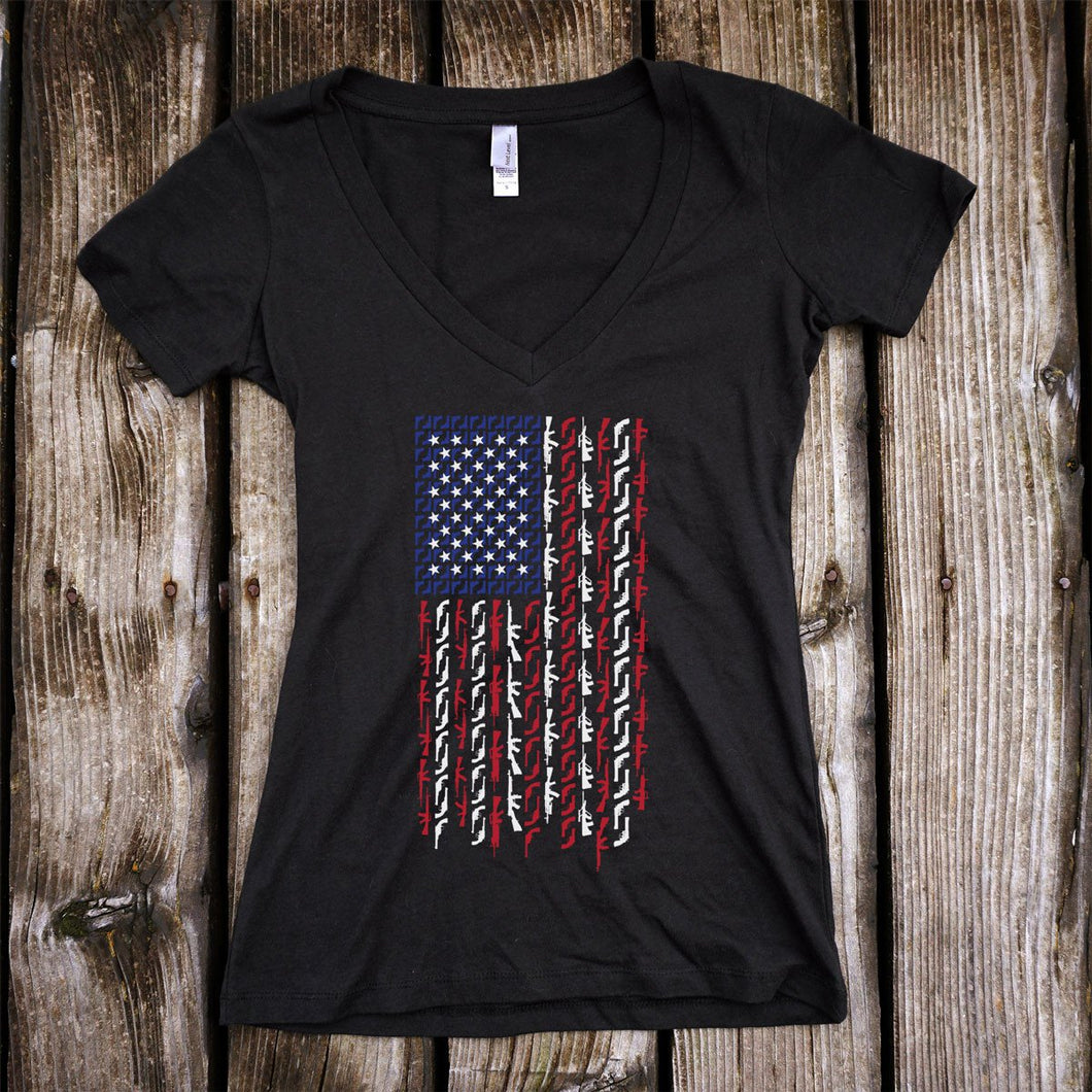 American Flag with Guns Red White and Blue Support Deep V-Neck T-Shirt