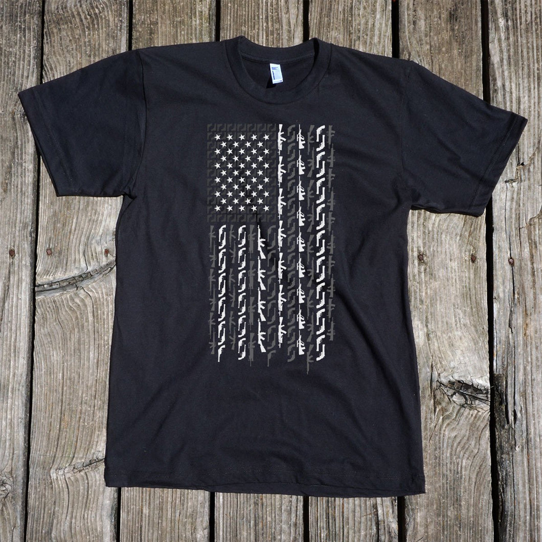 American Flag in Guns Short Sleeve Unisex Black T-Shirt