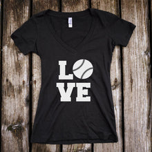 Load image into Gallery viewer, Baseball LOVE Deep V-Neck Black T-Shirt

