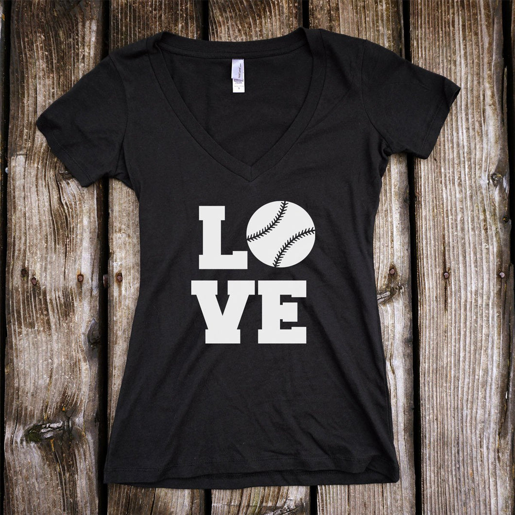 Baseball LOVE Deep V-Neck Black T-Shirt