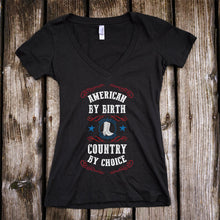 Load image into Gallery viewer, American by birth, Country by Choice Deep V-Neck Black T-Shirt
