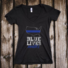 Load image into Gallery viewer, Blue Lives Matter Deep V-Neck Black T-Shirt
