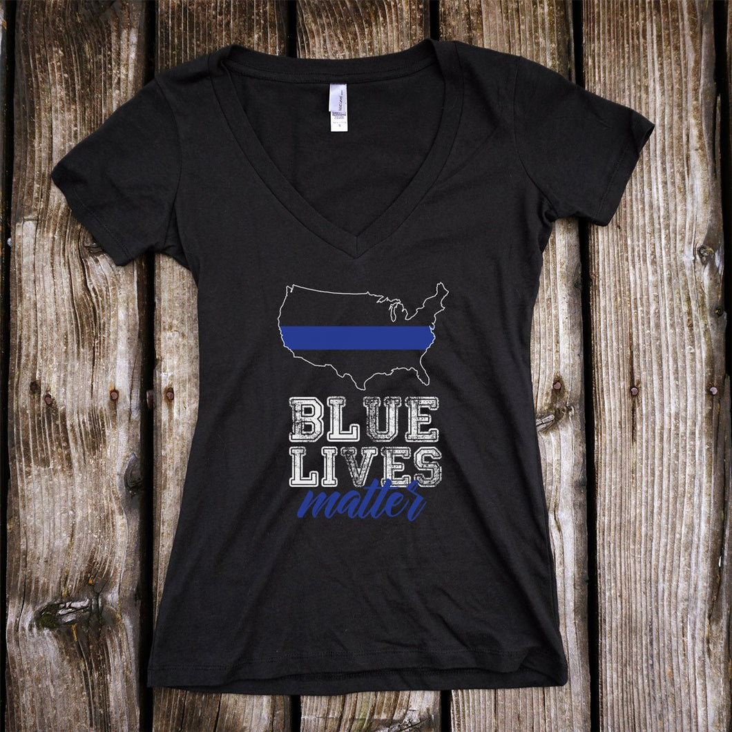 Blue Lives Matter Deep V-Neck Black T-Shirt