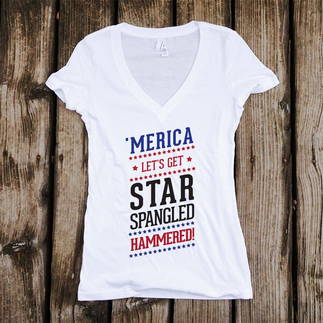 Star Spangled Hammered Deep V-Neck T-Shirt