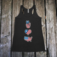 Load image into Gallery viewer, Peace, Love &amp; America Racerback Tank Top
