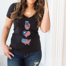 Load image into Gallery viewer, Peace, Love &amp; America Deep V-Neck Black T-Shirt
