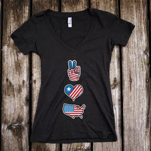 Load image into Gallery viewer, Peace, Love &amp; America Deep V-Neck Black T-Shirt
