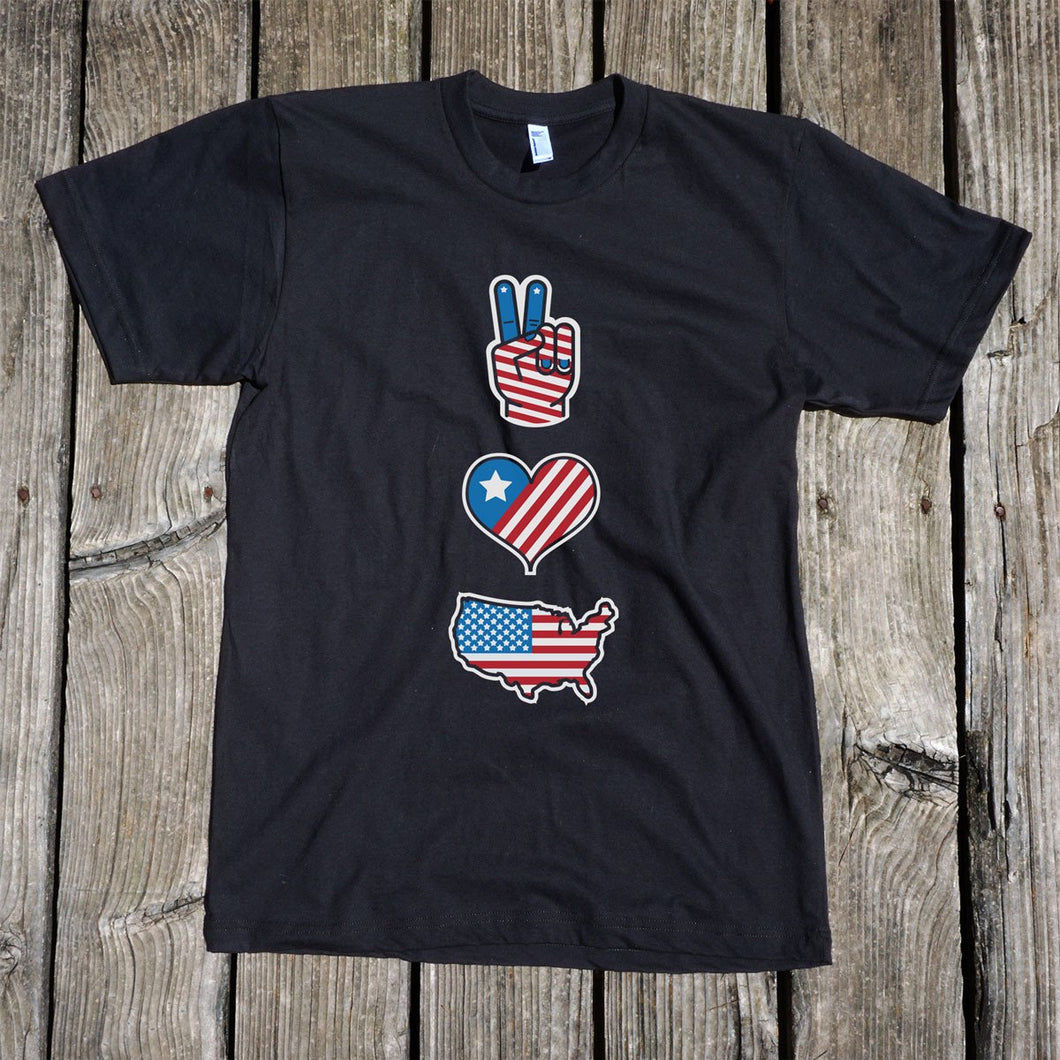 Peace, Love & America Unisex Black T-Shirt