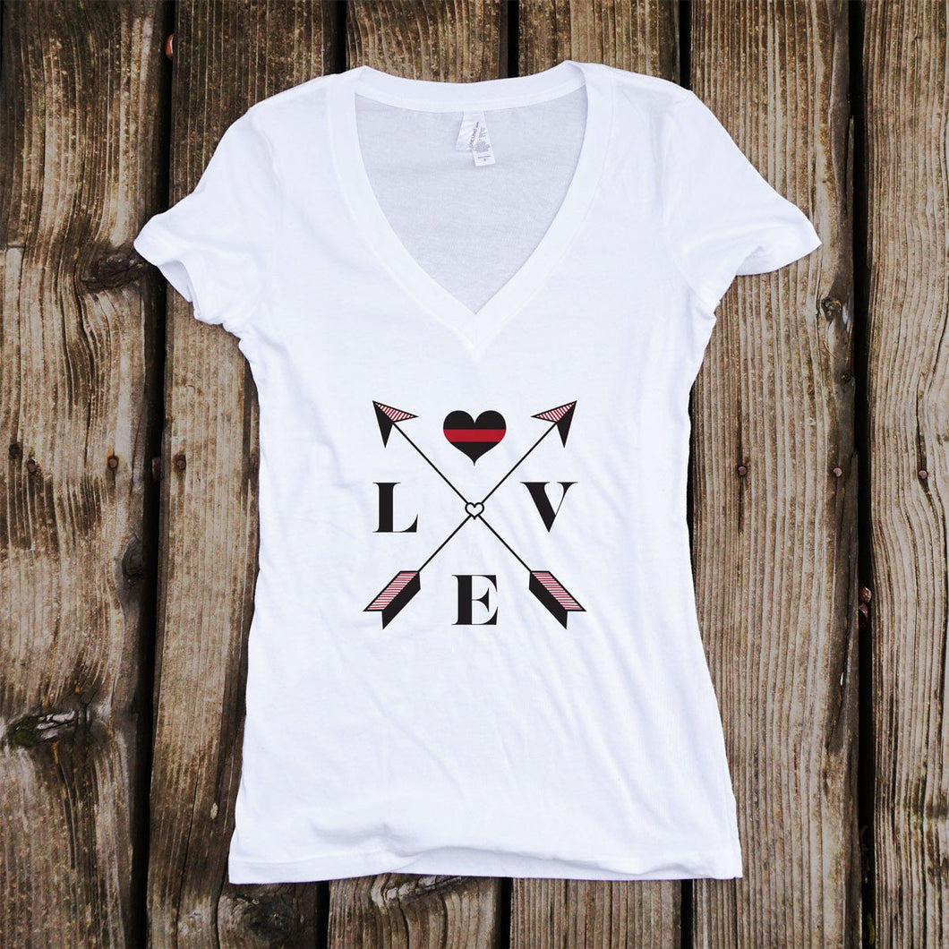 Love Arrow Cross - Thin Red Line - Firefighter Support Deep V-Neck T-Shirt
