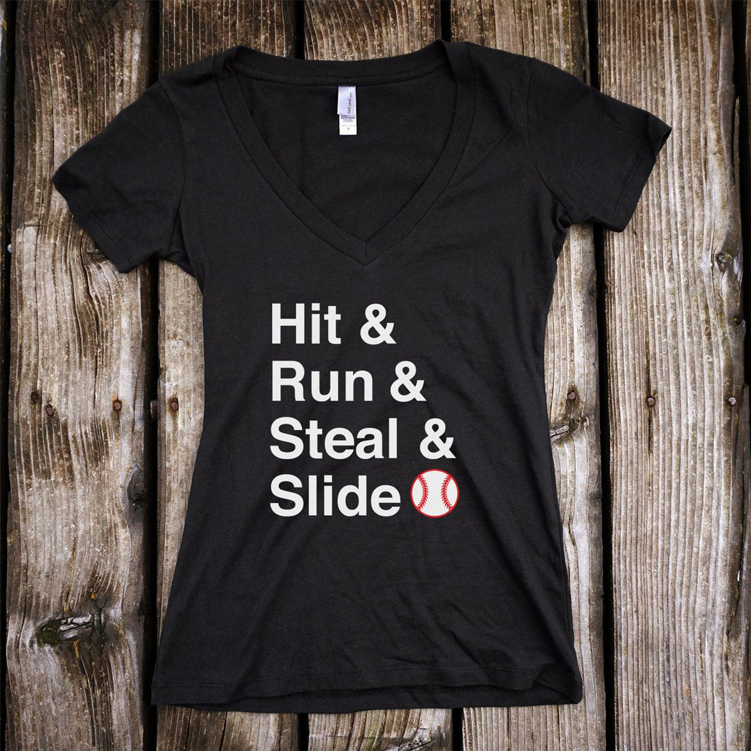 Hit & Run & Steal & Slide Baseball Deep V-Neck Black T-Shirt