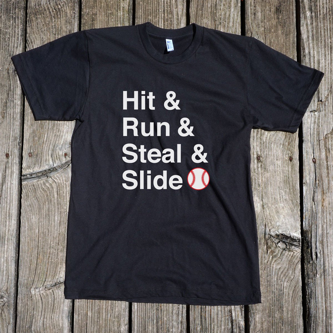 Hit & Run & Steal & Slide Baseball Short Sleeve Unisex Black T-Shirt