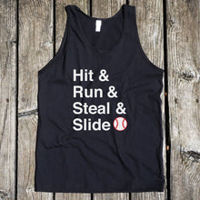 Load image into Gallery viewer, Hit &amp; Run &amp; Steal &amp; Slide Baseball Men&#39;s Black Tank
