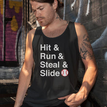 Load image into Gallery viewer, Hit &amp; Run &amp; Steal &amp; Slide Baseball Men&#39;s Black Tank
