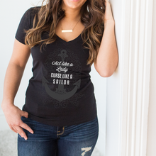 Load image into Gallery viewer, Act Like a Lady, Curse Like a Sailor Deep V-Neck Black T-Shirt
